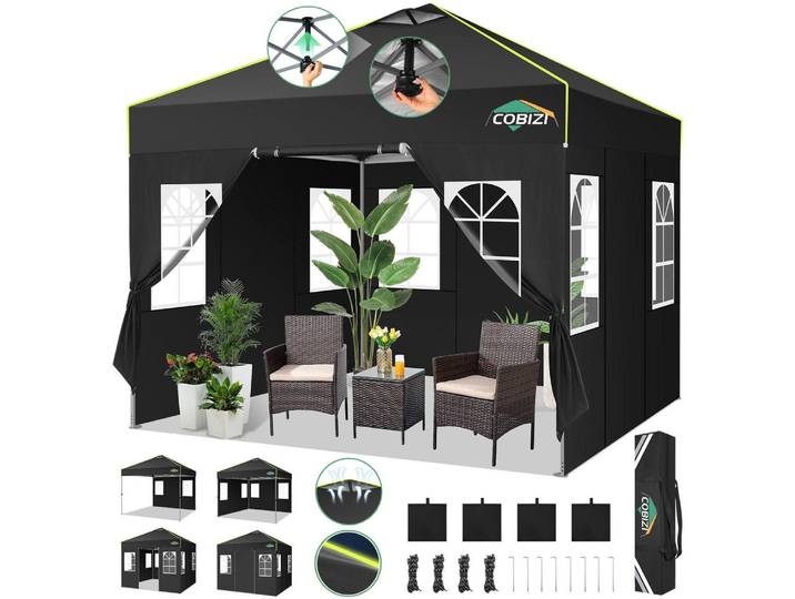 Faltpavillon 3x3m wasserdicht winterfest mit 4 Seitenwänden, 3 Höhen, UV-Schutz, reflektierende Streifen, schwarz