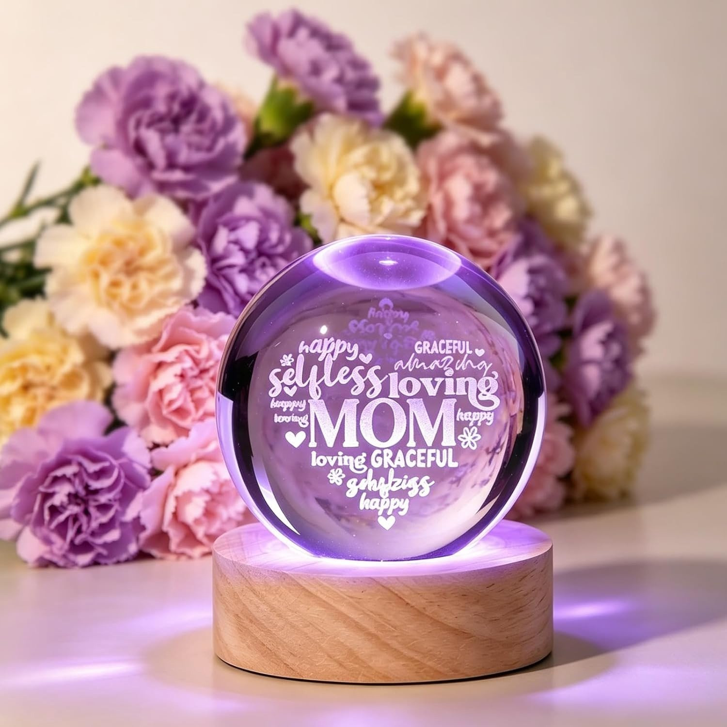 Hartvormige Kristallen Bal met 3D Gravure en Houten Basis, 6 cm Decoratieve Bal voor Bedside Decoratie
