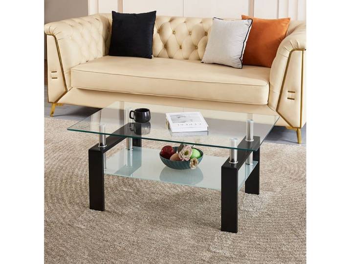 VUENOR Table basse rectangulaire 100 x 60 x 44 cm en verre trempé transparent