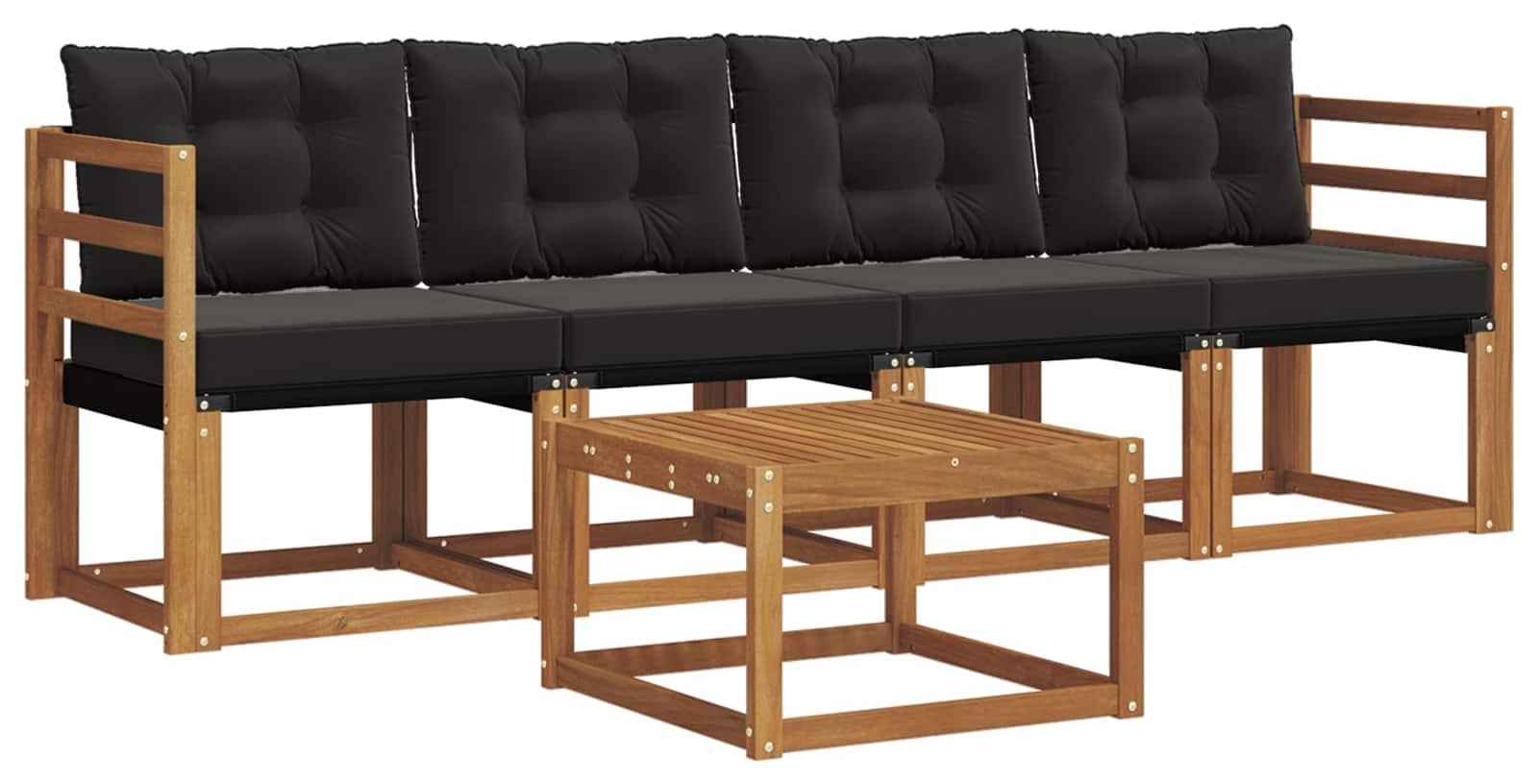 Modulare Outdoor-Sofagarnitur, Gartenmöbelset für 4 Personen, Massives Akazienholz & Textilene, Natürlich Schwarz, 5-teilig, Wetterbeständig