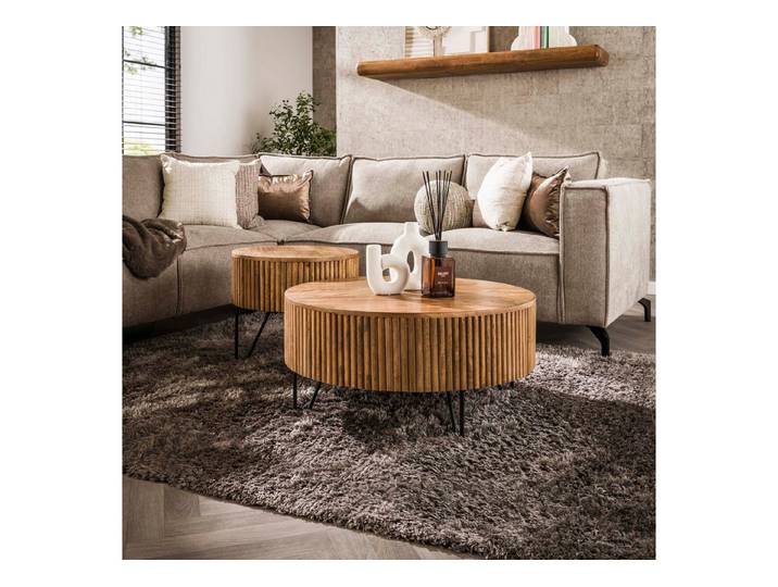 alesvelt Couchtisch -Set Elio Tamburo Runde Satztische aus Mangoholz im Lamellen-Design (Set, 2er Set), 80x38h / 50x45h cm