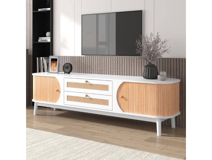 DRIPEX Meuble TV moderne Blanc Armoire TV Brillante Salon 2 Portes 2 tiroirs Buffet Bas Rangement 170x39 5x46cm