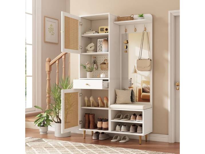 VUENOR Ensemble vestiaire d'entrée 6-en-1 99 x 35 x 180 cm blanc et naturel avec banc et miroir