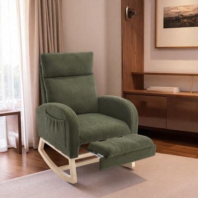Teddy Rocking Chair with Thickened Headrest and High Backrest and Storage Pocket and Solid Wood Base