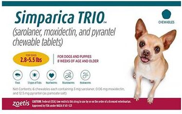 Profender Simparica Trio For Dogs 2.8-5.5 Lbs (Yellow) 6 Doses