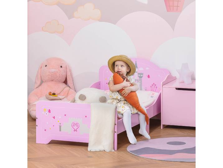 HOMCOM Lit Enfant Princesse Motif Château Rose avec Sommier