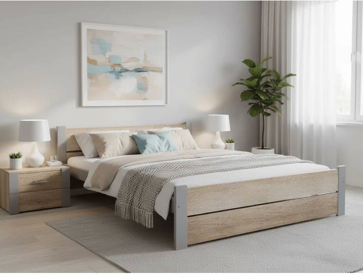 Bett IKAROS DOUBLE 160 x 200 cm, Eiche Sonoma/grau Matratze: Matratze Coco Maxi 20 cm, Lattenrost: Mit Lattenrost