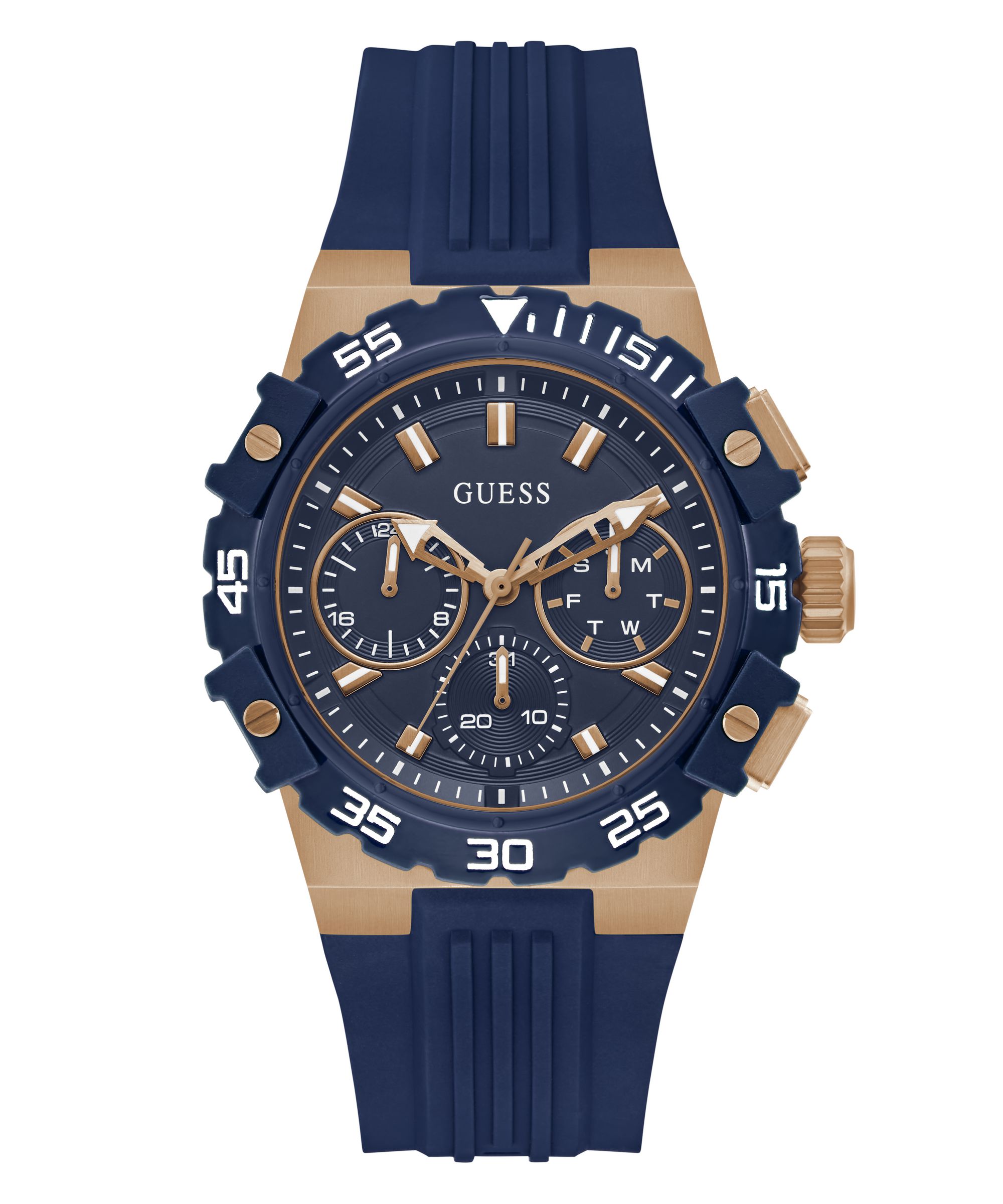 Multifunktionsuhr GUESS "FORE", blau (blau, roségoldfarben, blau), Armbanduhren, Herren, blau, Multifunktionsuhr, Quarzuhr, Armbanduhr, Herrenuhr, Silikonarmband, analog, Wochentag