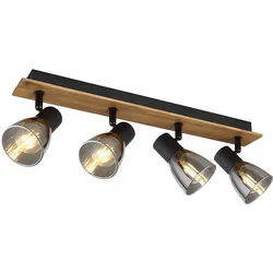 Deckenleuchte Spots schwenkbar Spotleiste 4 Flammig Holz Deckenlampe Rauchglas schwarz, Metall, 4x E14 Fassungen, LxBxH 50x7x15,5 cm
