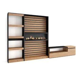 SKRAUT HOME Wohnzimmermöbel TV, Wohnzimmer Wandsystem, 320x35x186cm, Elektrokamin, Moderner Stil, Eiche und Schwarz _ 91_27