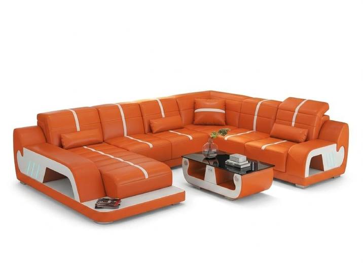 Xlmoebel Wohnlandschaft Orangefarbenes U-förmiges Ecksofa aus Leder Couchtisch luxuriös *, 2 Teile, Verstellbare Rückenlehnen