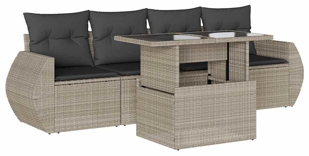 Loungeset, 5-teilig, hellgrau - Polyratan - Inklusive Kissen - Für den Außenbereich