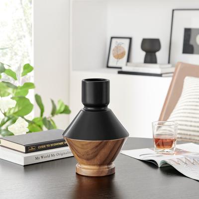 Danya B. Milo Diamant Revese Hourglass Modern Two Tone Tabletop Vase - Black and Walnut