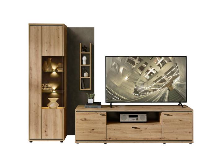 Stylife Wohnwand, Anthrazit, Eiche Artisan, Glas, 8 Fächer, 1 Schublade(n) Schubladen, 280x205x49 cm, stehend, spiegelbildliche Montage möglich, Wohnzimmer, Wohnwände, Komplette Wohnwände
