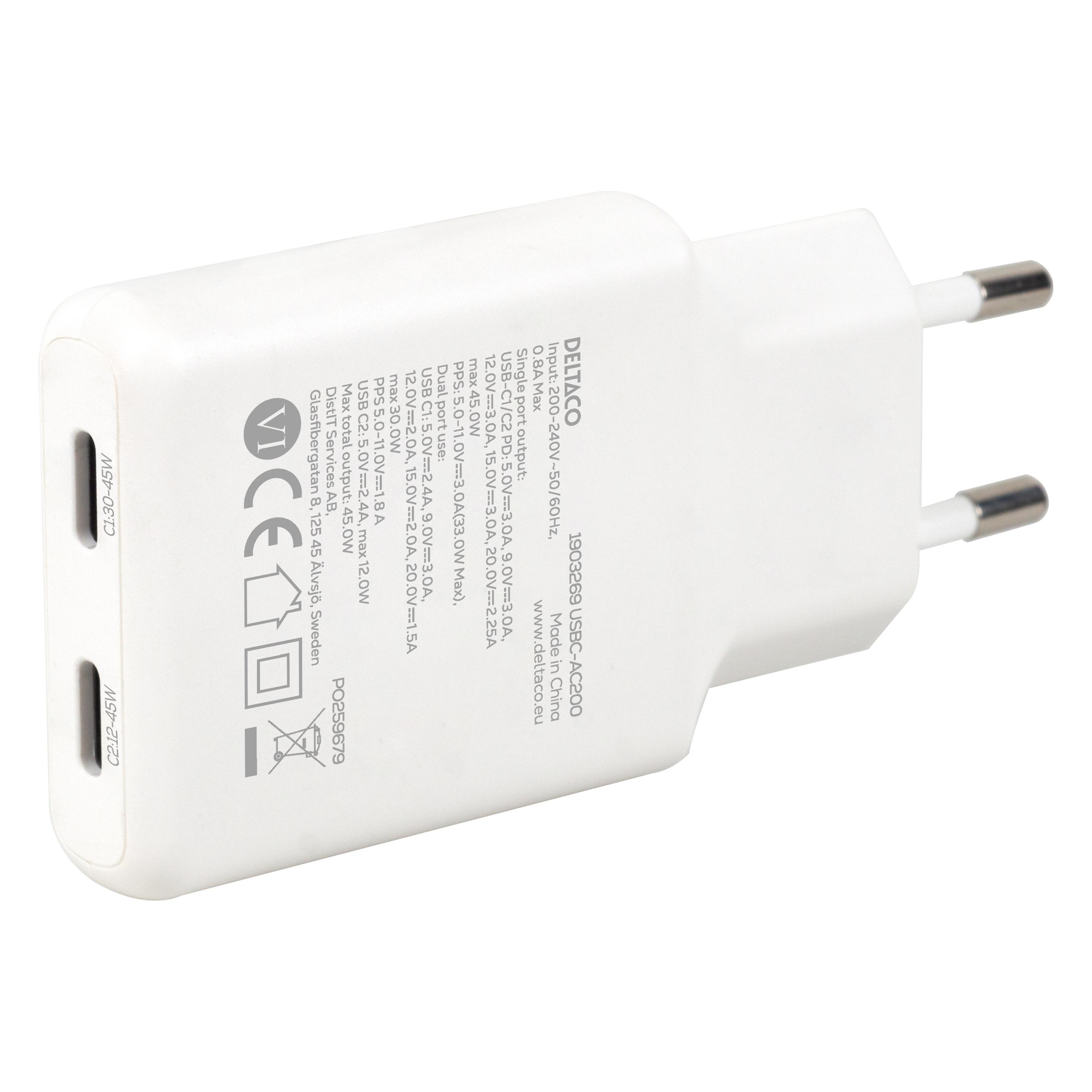 Deltaco USBC-AC200 (45 W, 2 Ports) (USBC-AC200)