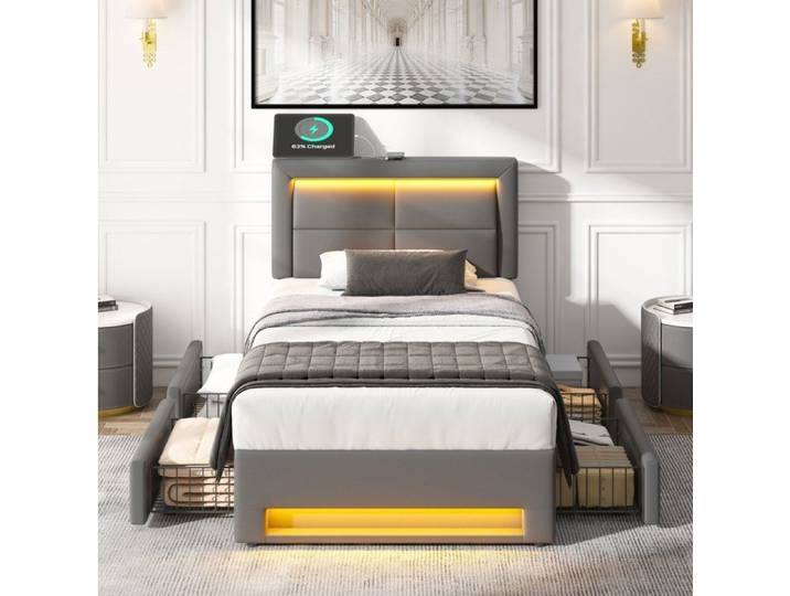 ROVRYN Lit rembourré 90x200 cm avec USB charge sans fil LED 12 couleurs 4 tiroirs PU gris