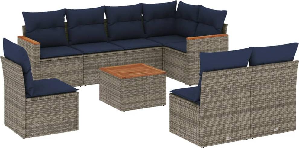 9-teiliges Gartensofa-Set mit Kissen, grau, Polyrattan