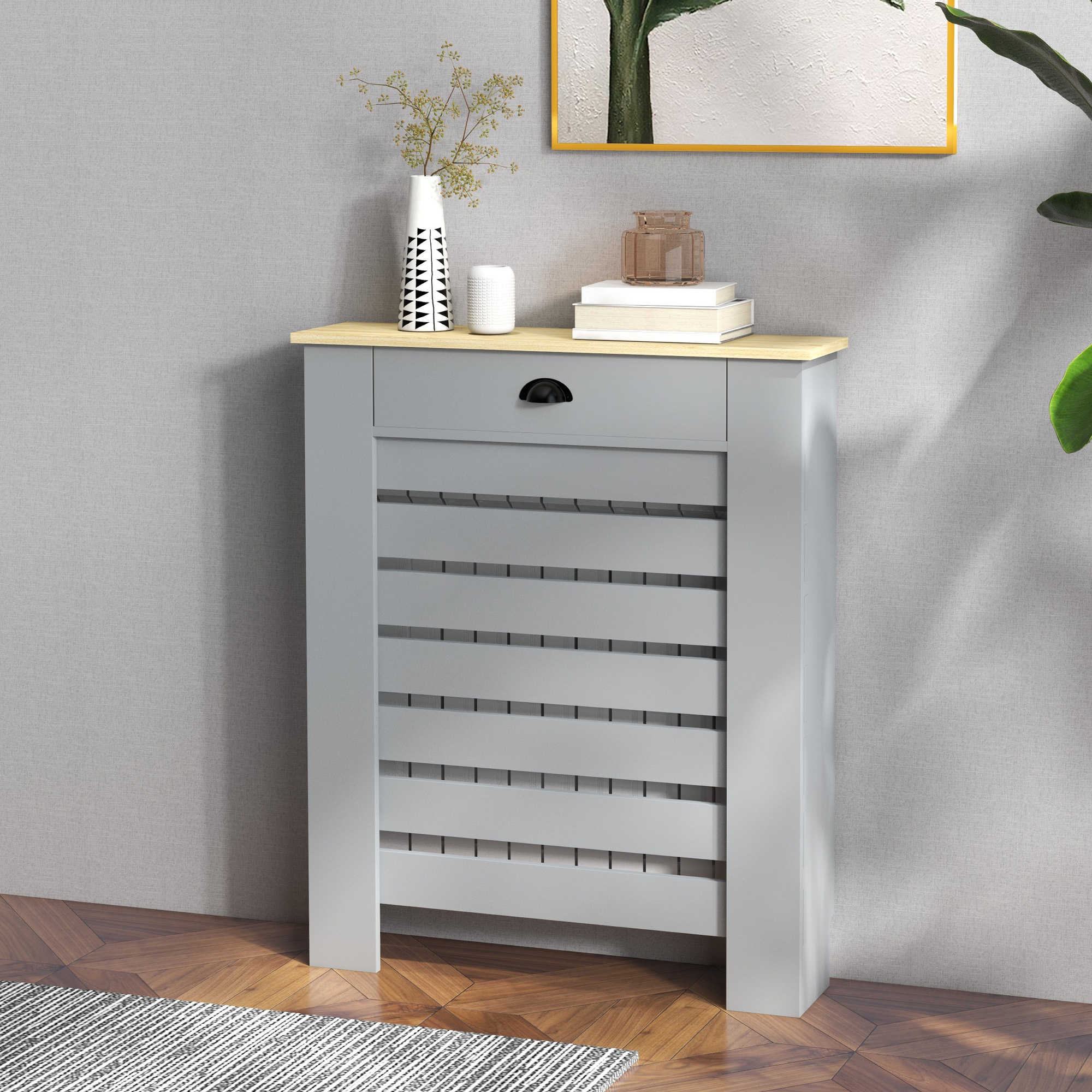 Homcom Copritermosifone in MDF a Doghe, Copricalorifero a Griglia con Cassetto, 78x19x95.5 cm, Grigio   Aosom Italy