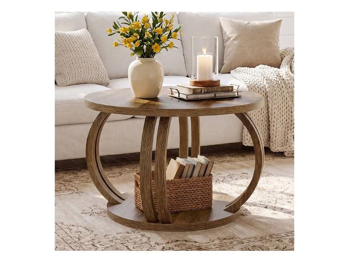 Tribesigns Couchtisch 80 cm Runder Couchtisch mit Stauraum, Wohnzimmertisch mit 2 Ebenen Ablage