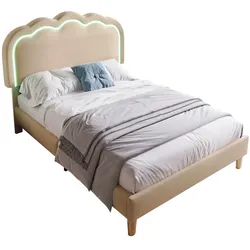 Merax Polsterbett LED 90 x 190cm, Verstellbares Kopfteil, Gepolstertes bett in Beige Leinenmaterial
