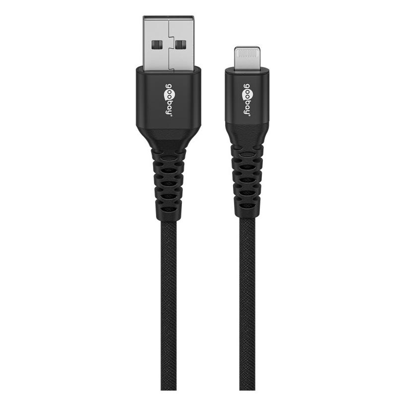 Goobay Lightning USB-A Supersoftes Textilkabel mit Metallsteckern, 0,5 m, schwarz (0.50 m, USB 2.0, 60 W) (74485)