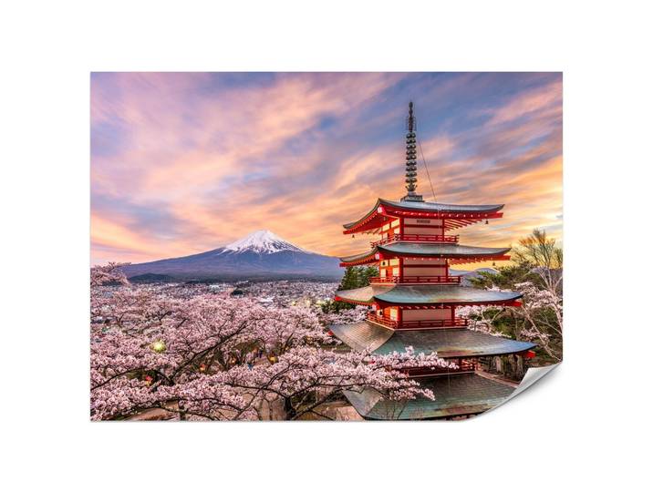 FOTOTAPETE für Wohnzimmer Japanische Pagode Frühling Sonnenuntergang 200x140