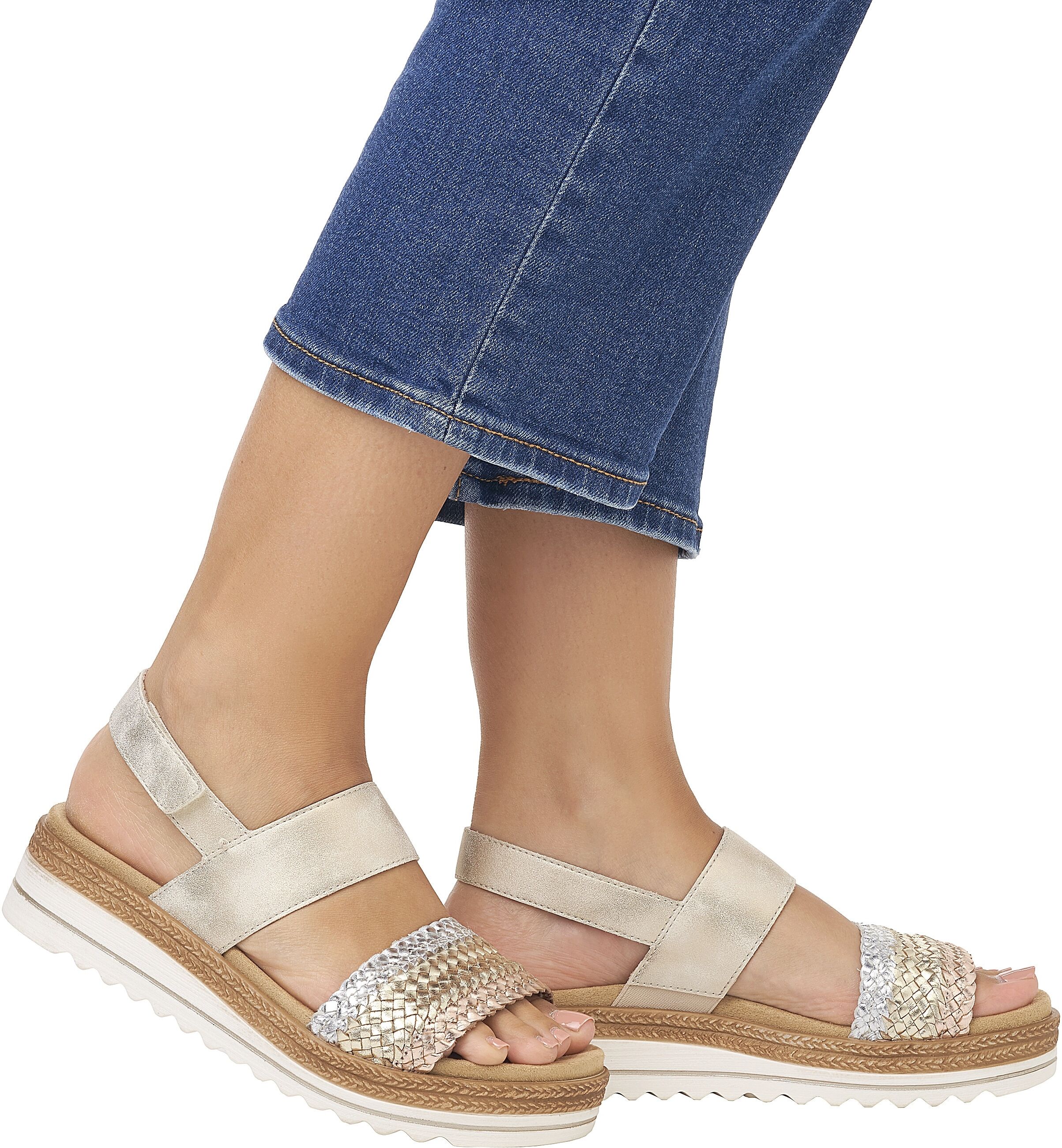Keilsandalette REMONTE "ELLE-Collection", Damen, Gr. 41, Textil, beige (goldfarben, beige), Leder, Lederimitat, Flechtoptik, Schuhe Keilsandalette, Sommerschuh, Sandale, Keilabsatz, mit Flechtbandage im Metalliclook goldfarben, beige 41, Textil