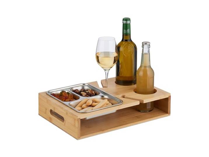 Relaxdays Couchbar, Bambus, Edelstahlschale für Snacks, Getränke- & Weinglashalter, Griffe, Couchorganizer, Natur/Silber
