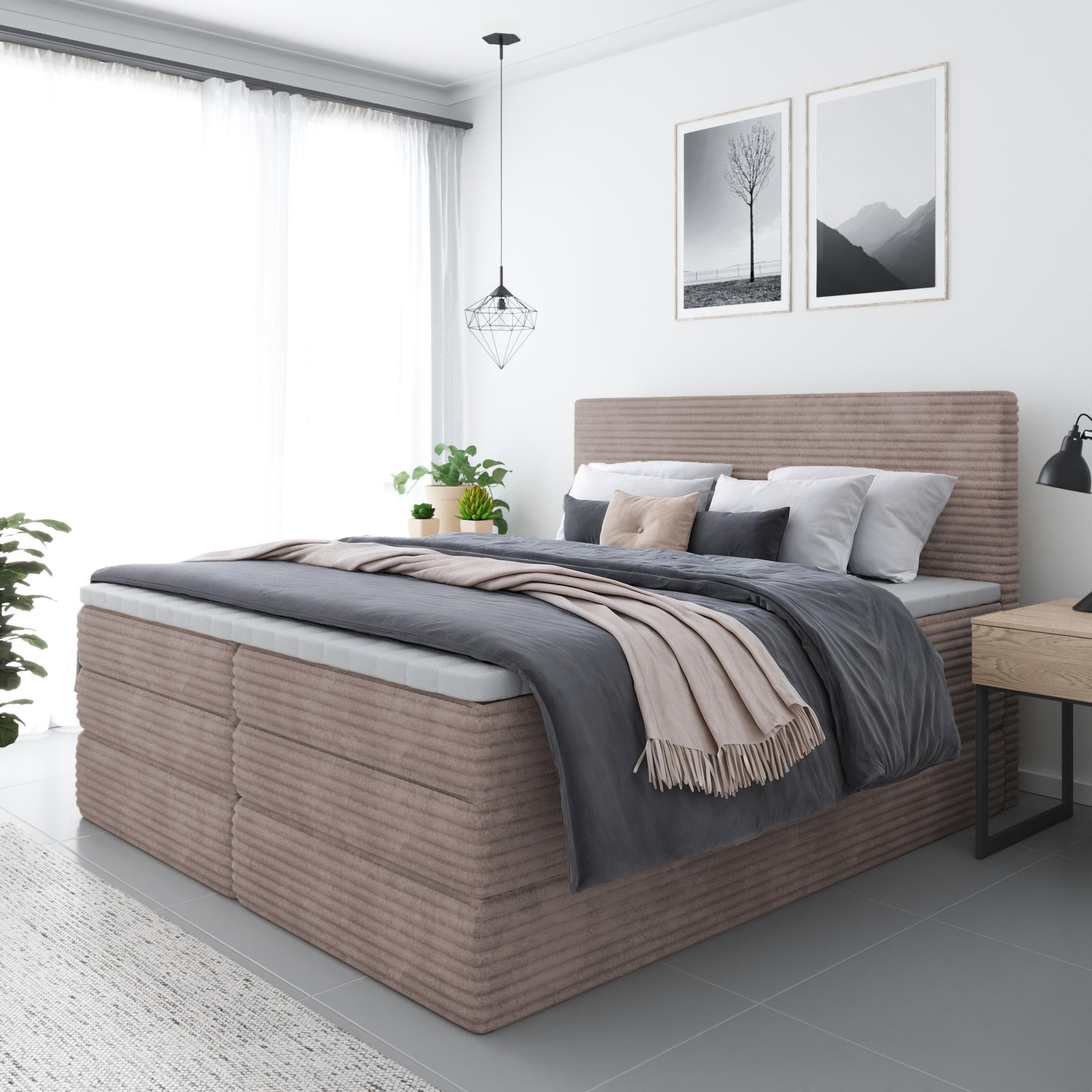 Bett, Boxspringbett ZENO PLUS mit 2-Matrazen und VISCO Topper, Doppelbett, Stauraum, Schlafzimmer, Polsterbett, 140x200 cm (Cappuccino - Tilia 17)