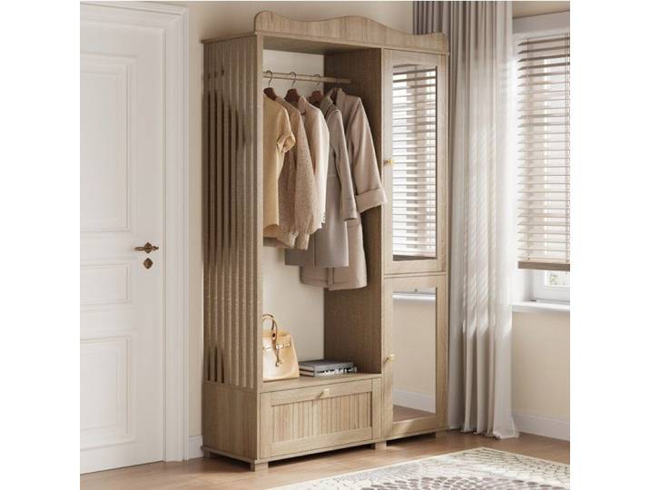 Armoire Penderie En MDF Chene Garde-Robe A Miroir FloraGrace Pour Chambre Ou Entree Rangement 3 Niveaux 115 5x38 5x194 5cm
