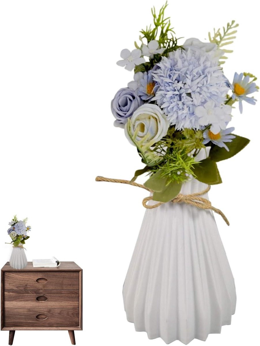 Kunstbloemen Boeket met 7 Rode Zijden Rozen en Keramische Vaas