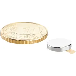 100 Scheibenmagnet, 10 mm, 2,0 mm, N35, selbstklebend, 100 Stück, Neodym, silber