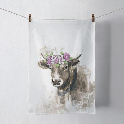 Ambiente Küchentuch Kuh mit Blumenkranz Design Baumwolle 50x70cm - Küchenwäsche Landhausstil Geschirrtuch Wischtuch Trockentuch Küchenhandtuch Weiß Braun