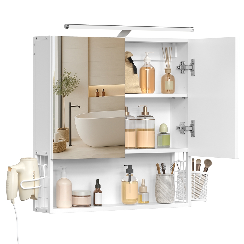 VASAGLE Spiegelschrank wolkenweiß 13x56x58 cm 2 Spiegeltüren Beleuchtung BBK224WB01