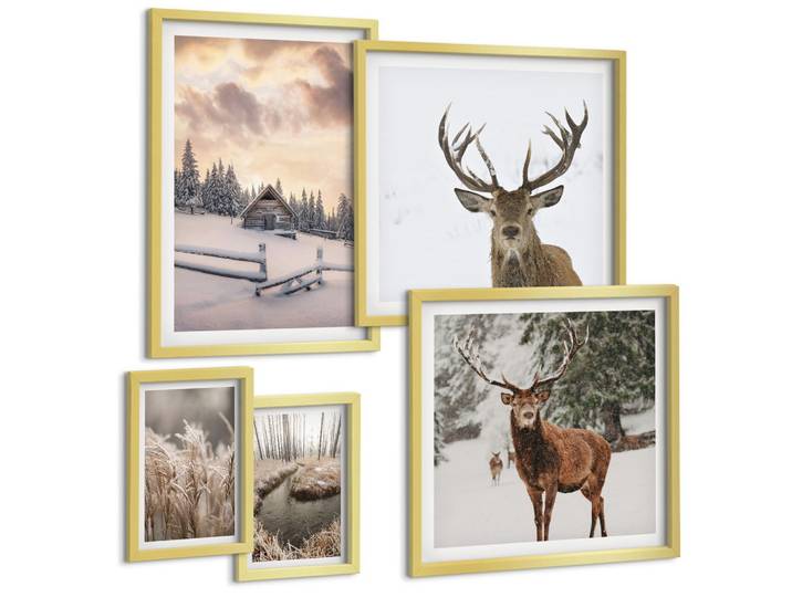 BILDER SET 5er Set - 50x50 cm & 20x30 cm & 40x60 cm Goldrahmen - Winterlandschaft mit Hirschen