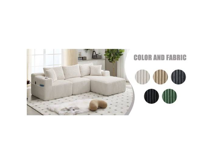 ROVRYN Canapé modulable 3 places avec méridienne velours côtelé beige 5 coussins porte-gobelet