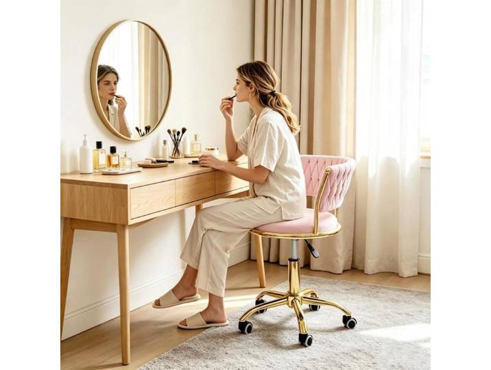 Chleby Chaise coiffeuse Rose Velours Chaise Style Scandinave Pivotante Fauteuil de Chaise Bureau réglable en hauteur Cadre doré