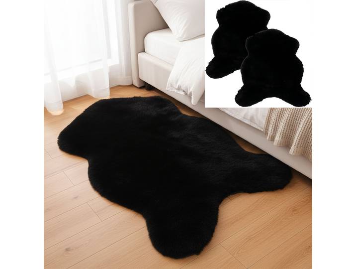 2er-Set Kuschelfell aus Kunstfell und Wildlederimitat, schwarz, 90 x 60 cm