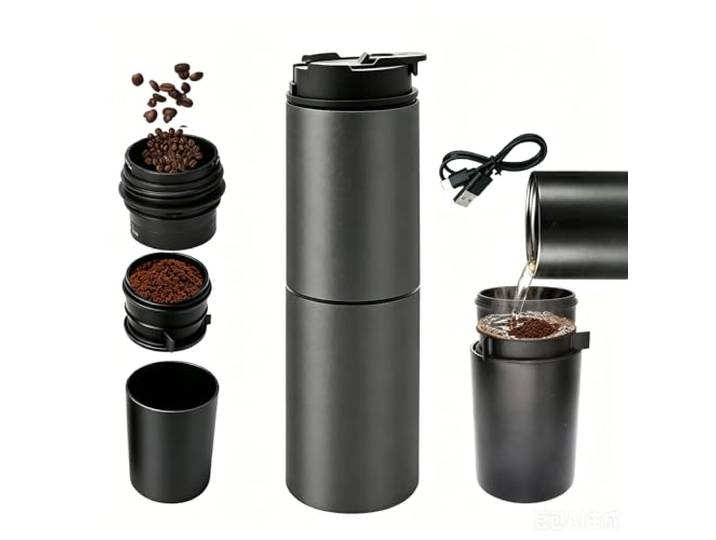 Rinkos Einzelportion-Kaffeemaschine mit Mahlwerk, tragbares Mahlen und Pour Over Kaffeemaschine für Reisen & Camping, All-in-One-Gratmühle mit Stahlfilter, isolierter Becher, plastikfrei