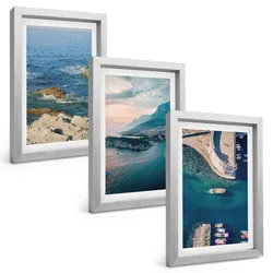BILDER SET 3er Set - 20x30 cm Silberner Rahmen - Meerblick, Klippen, Häfen
