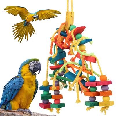 Inspired Living Safe Hanging Parrot Chew Toy With Hook, Colorful Wooden Blocks And Rope Safe Hanging Parrot Chew Toy With Hook, Colorful Wooden Blocks And Rope