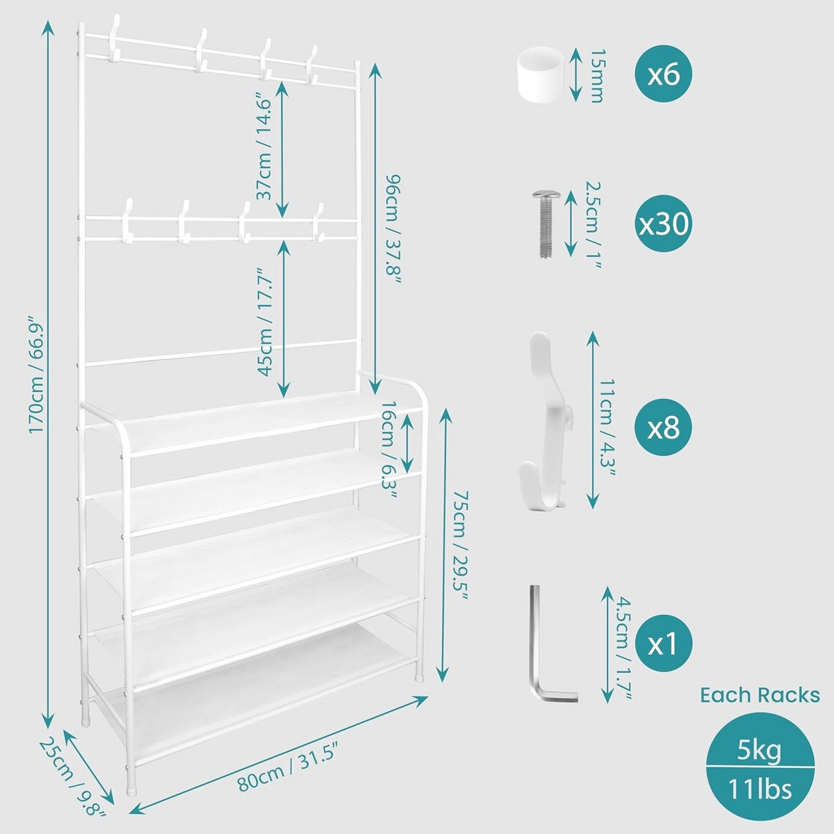 Witte 5-Laags Kapstok met Schoenenrek en 8 Haken - Vrijstaande Garderobe Organizer