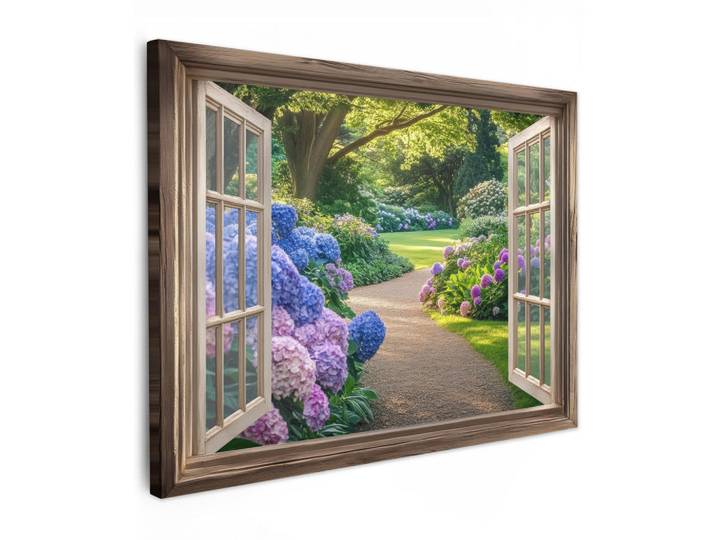 MuchoWow Leinwandbild - Aussicht - Garten - Fenster - Hortensie - Blumen - 80x60 - Malerei, Pastellblau, Textil, Kiefer, Abstrakt, Rechteckig, 80x60 cm, gerahmt, Bilder & Rahmen, Bilder, Wandbilder