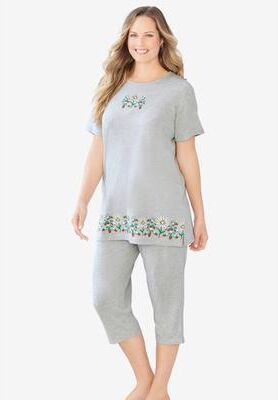 Plus Size Women's Knit Capri Sleep Set by Dreams & Co. in Heather Grey Daisy (Size 3X)