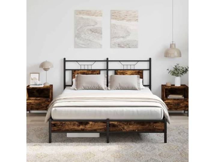 YUTAASU Bettgestell ohne Matratze Räuchereiche 140x190 cm Stahlrahmen Stabil, Lattenrost Inklusive, Stauraum Unter Dem Bett, Kopfteil Als Rückenlehne