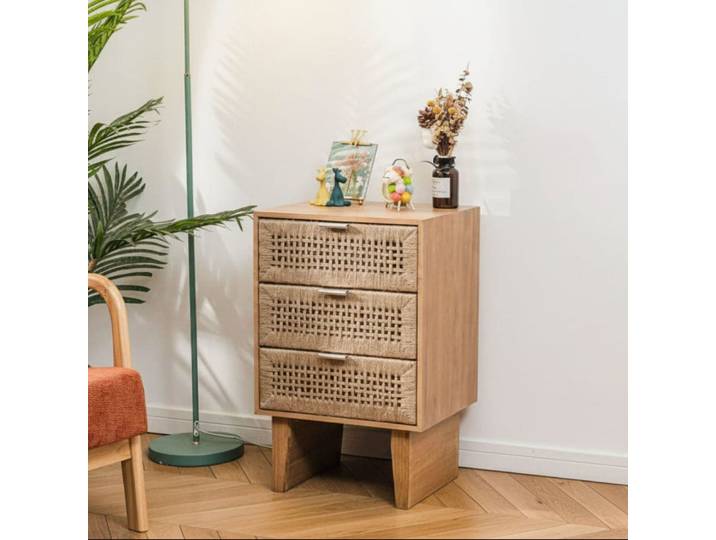 Chiffonnier 3 tiroirs en bois et corde naturelle
