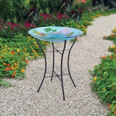 "Teamson Home Outdoor 18"" Dragonfly Fusion Glass Solar Bird Bath"