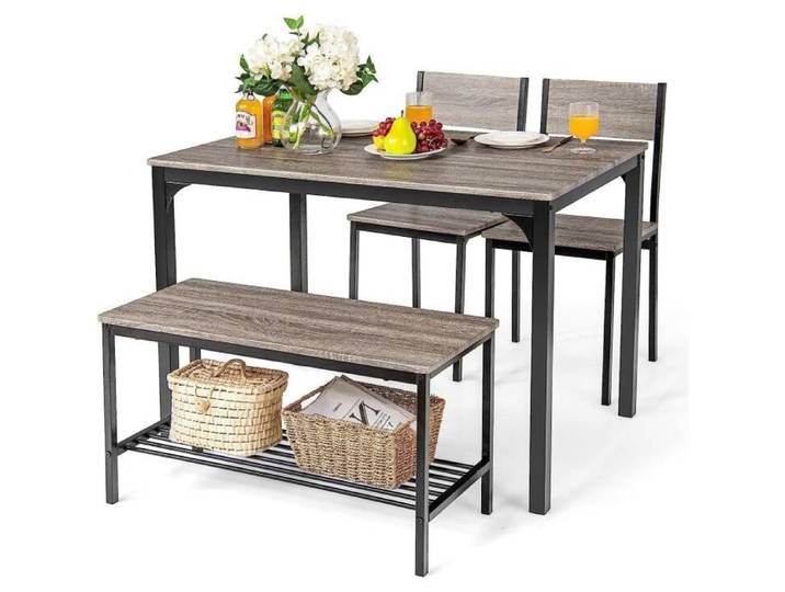 RELAX4LIFE Ensemble Table à Manger avec 2 Chaises et Banc 4PCS Table de Salle à Manger 4 Personnes pour Cuisine/Salon/Resto Gris
