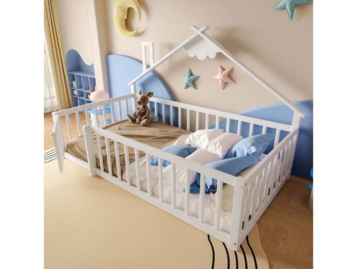 Lit enfant en bois de pin - 90x190 cm - Blanc - Garde-corps avec serrure - Design maison - Facile à assembler