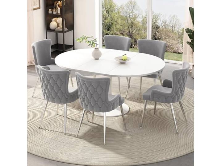 Ball & Cast Samt Esszimmerstühle (6er Set), Luxuriöse Wohnzimmerstühle mit Vier Metallfüßen, Komfortable Rückenlehne, Grau